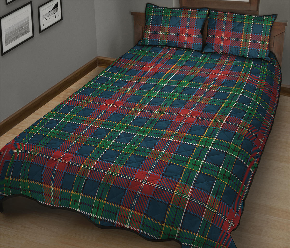 Blue Green And Red Scottish Plaid Print Quilt Bed Set