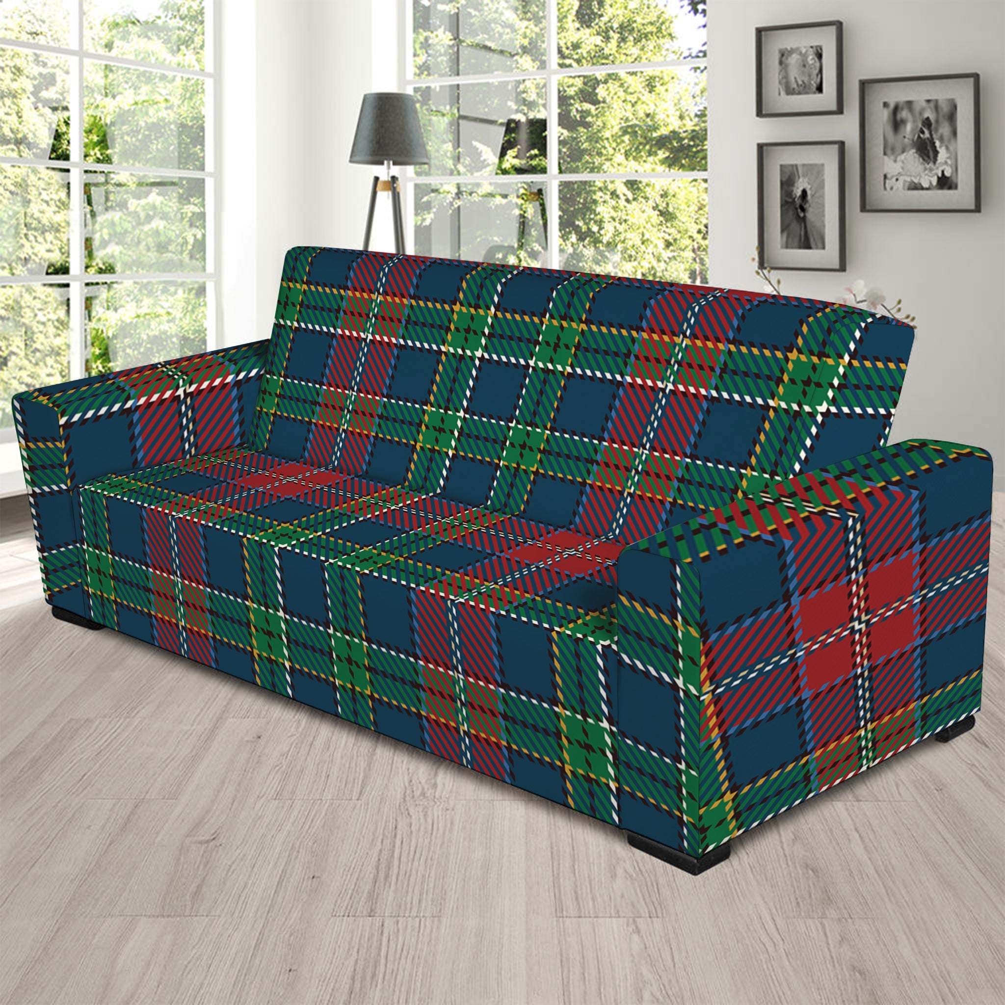 Blue Green And Red Scottish Plaid Print Sofa Slipcover