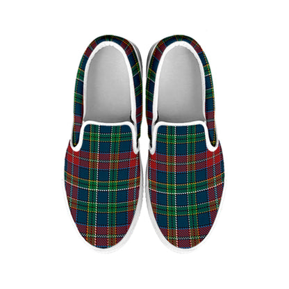 Blue Green And Red Scottish Plaid Print White Slip On Shoes