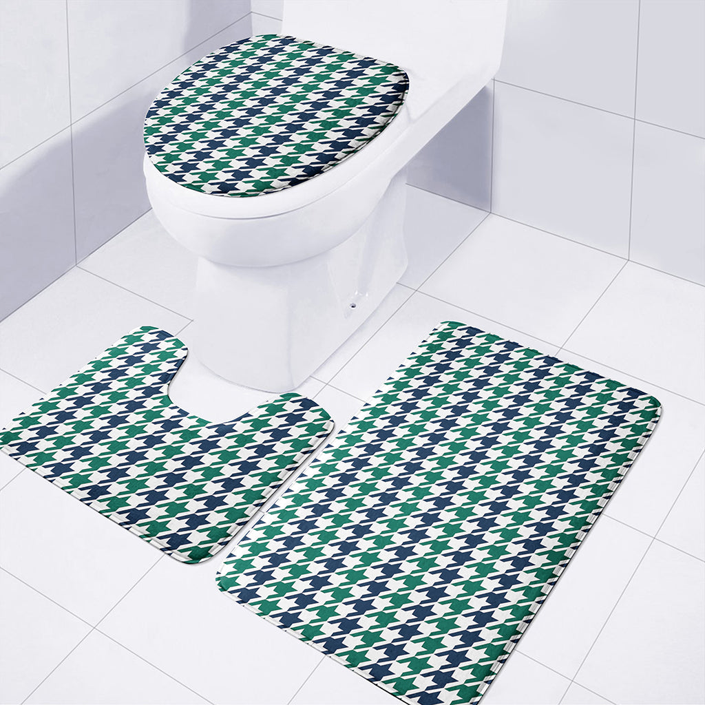 Blue Green And White Houndstooth Print 3 Piece Bath Mat Set