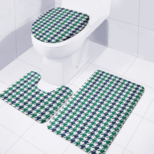 Blue Green And White Houndstooth Print 3 Piece Bath Mat Set