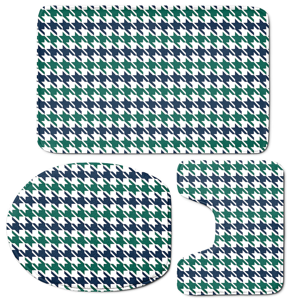 Blue Green And White Houndstooth Print 3 Piece Bath Mat Set