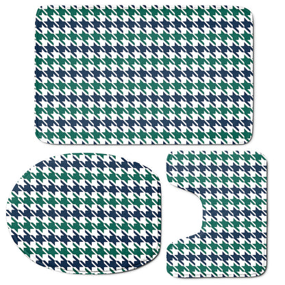 Blue Green And White Houndstooth Print 3 Piece Bath Mat Set