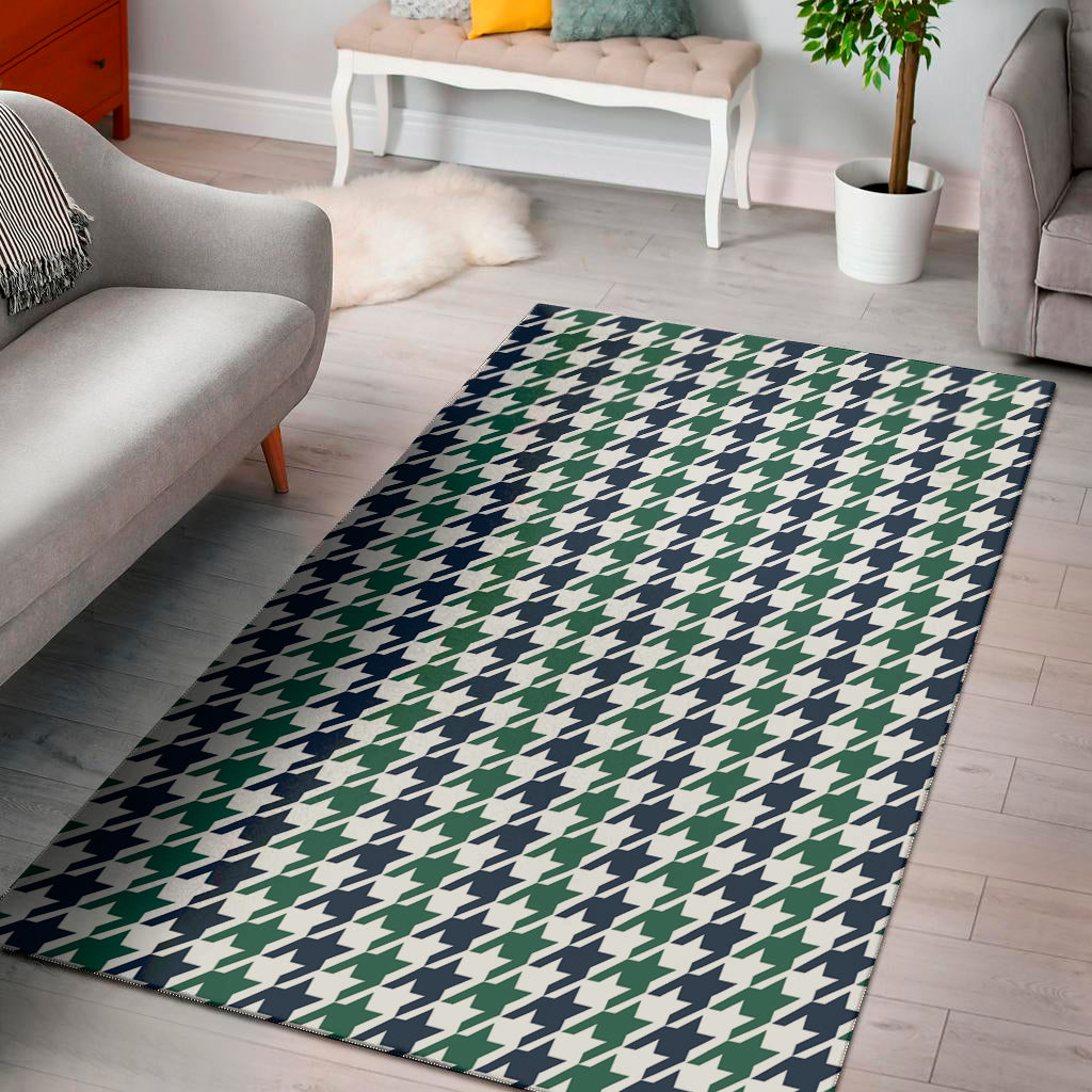 Blue Green And White Houndstooth Print Area Rug