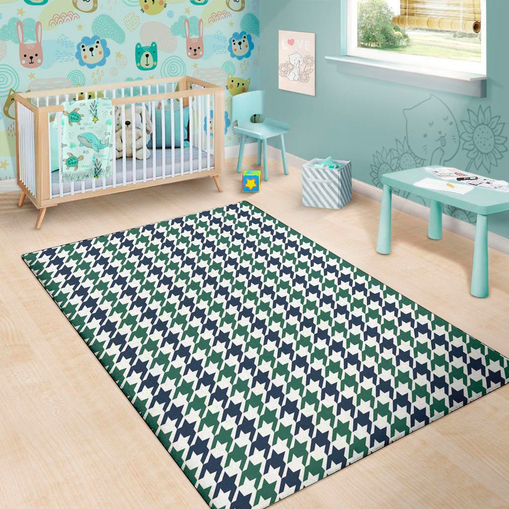 Blue Green And White Houndstooth Print Area Rug