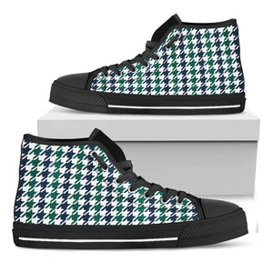 Blue Green And White Houndstooth Print Black High Top Shoes