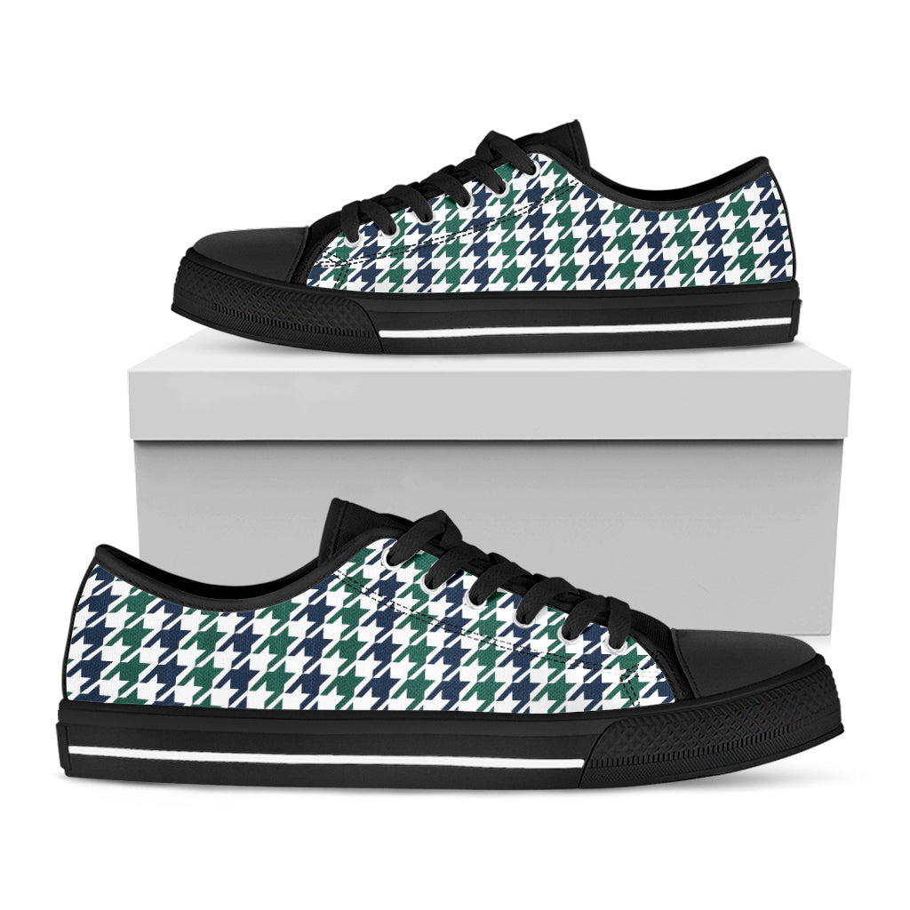 Blue Green And White Houndstooth Print Black Low Top Shoes