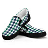 Blue Green And White Houndstooth Print Black Slip On Shoes