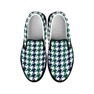 Blue Green And White Houndstooth Print Black Slip On Shoes