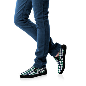 Blue Green And White Houndstooth Print Black Slip On Shoes