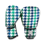 Blue Green And White Houndstooth Print Boxing Gloves