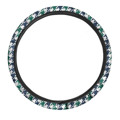 Blue Green And White Houndstooth Print Car Steering Wheel Cover
