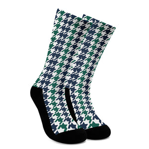 Blue Green And White Houndstooth Print Crew Socks