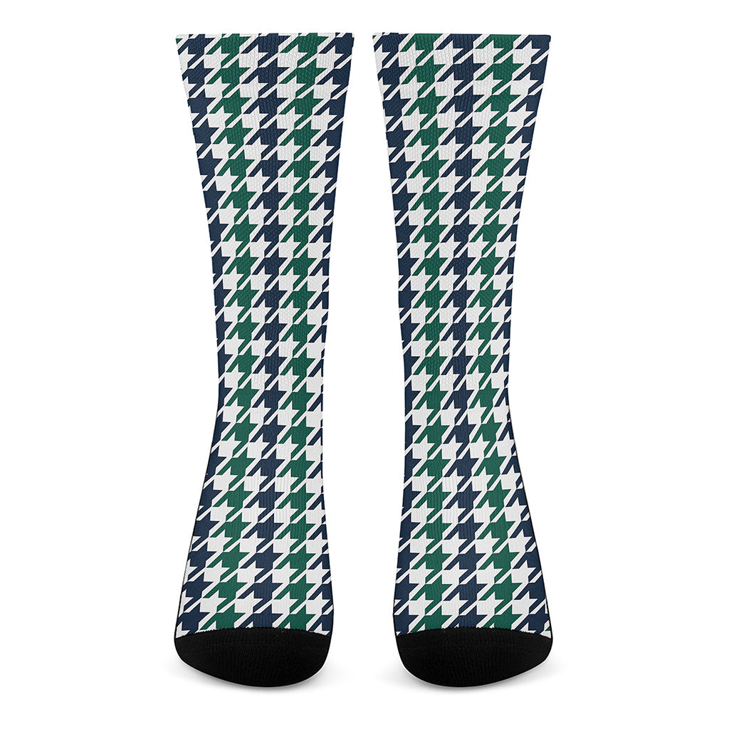 Blue Green And White Houndstooth Print Crew Socks