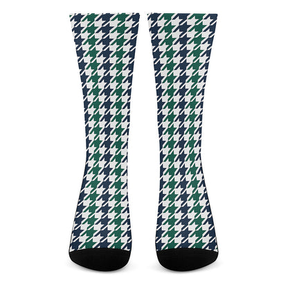 Blue Green And White Houndstooth Print Crew Socks