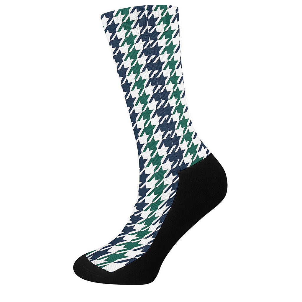 Blue Green And White Houndstooth Print Crew Socks