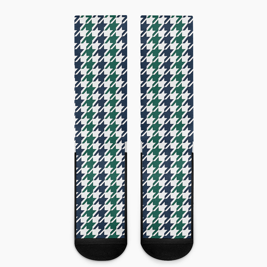 Blue Green And White Houndstooth Print Crew Socks