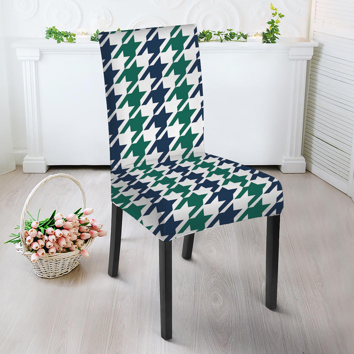 Blue Green And White Houndstooth Print Dining Chair Slipcover