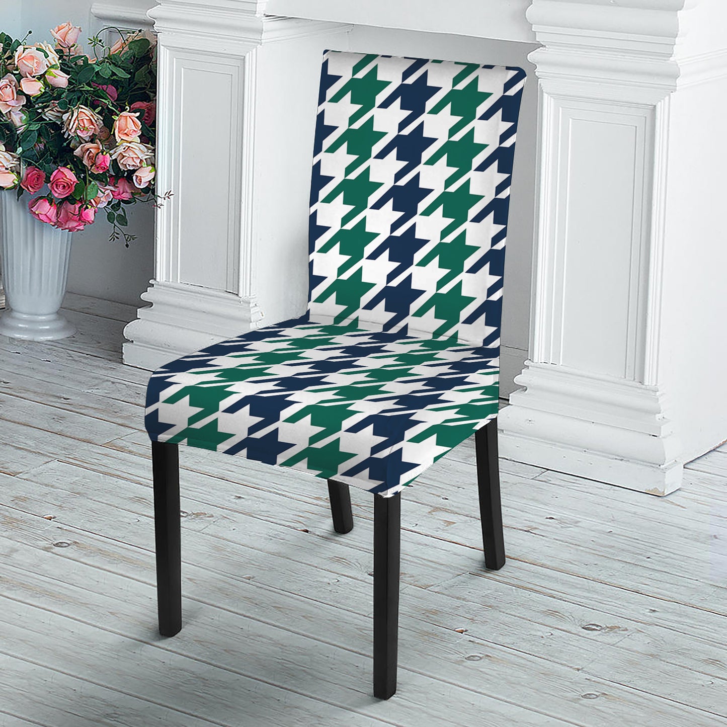 Blue Green And White Houndstooth Print Dining Chair Slipcover