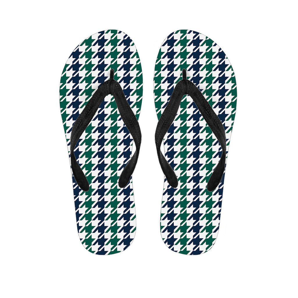 Blue Green And White Houndstooth Print Flip Flops