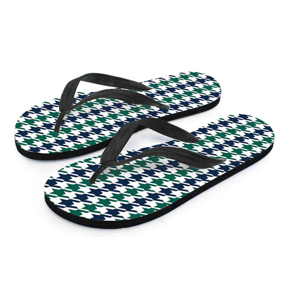 Blue Green And White Houndstooth Print Flip Flops