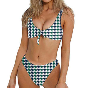Blue Green And White Houndstooth Print Front Bow Tie Bikini