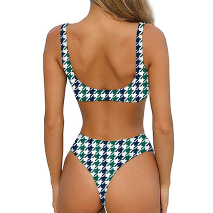 Blue Green And White Houndstooth Print Front Bow Tie Bikini