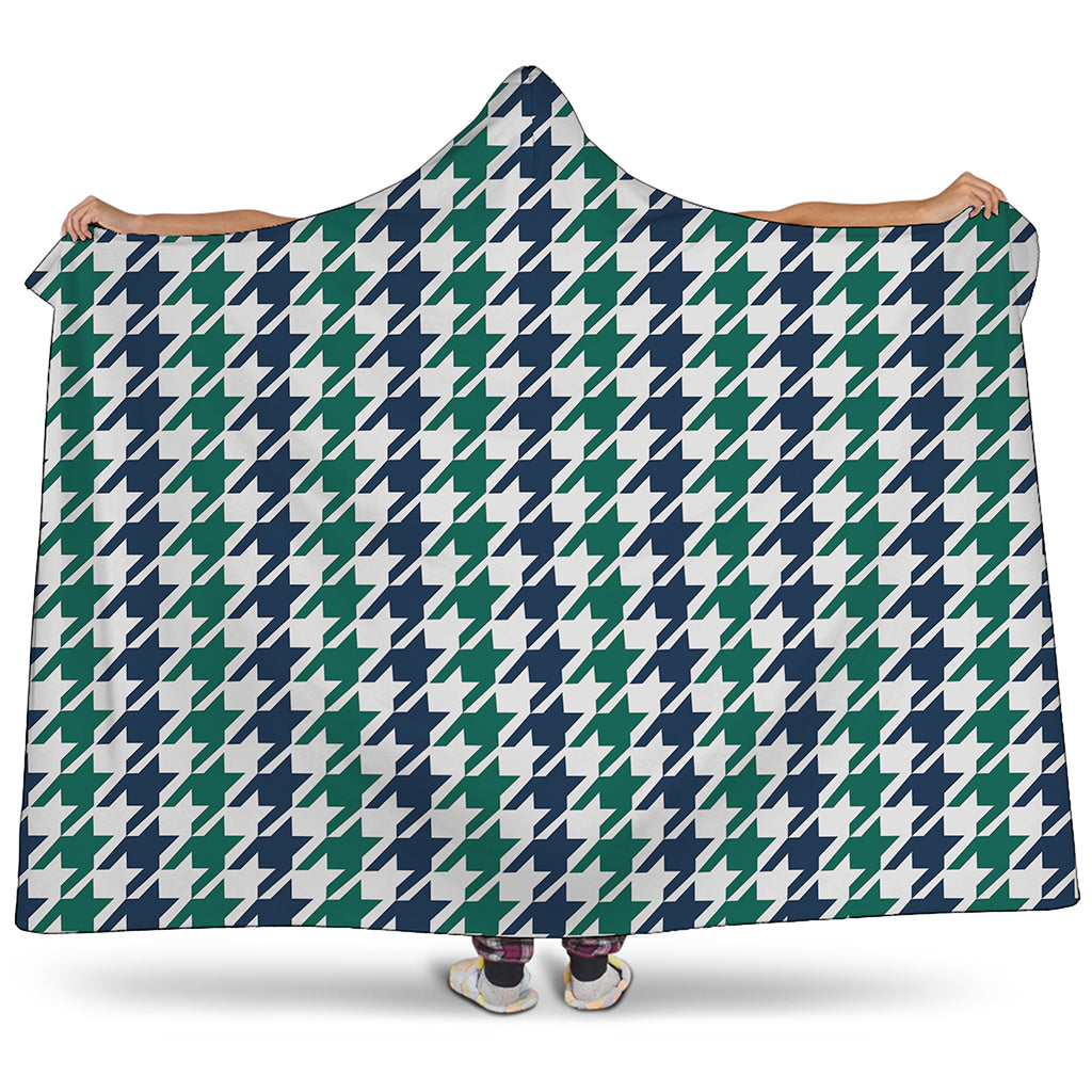 Blue Green And White Houndstooth Print Hooded Blanket
