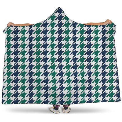Blue Green And White Houndstooth Print Hooded Blanket