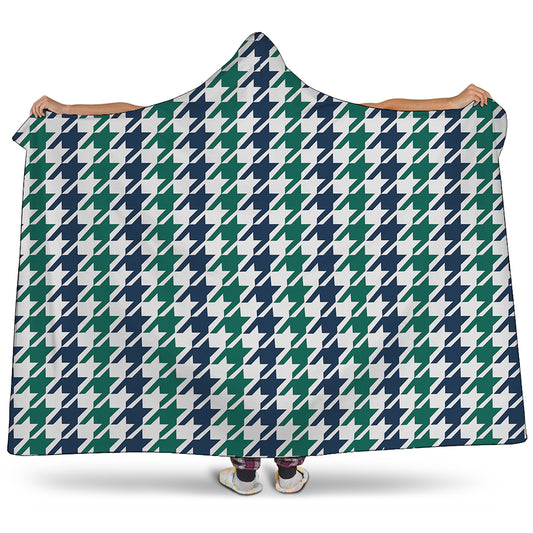 Blue Green And White Houndstooth Print Hooded Blanket