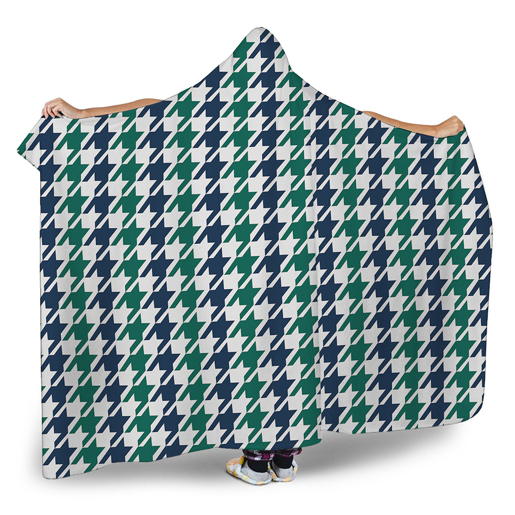 Blue Green And White Houndstooth Print Hooded Blanket