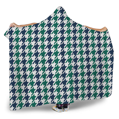 Blue Green And White Houndstooth Print Hooded Blanket