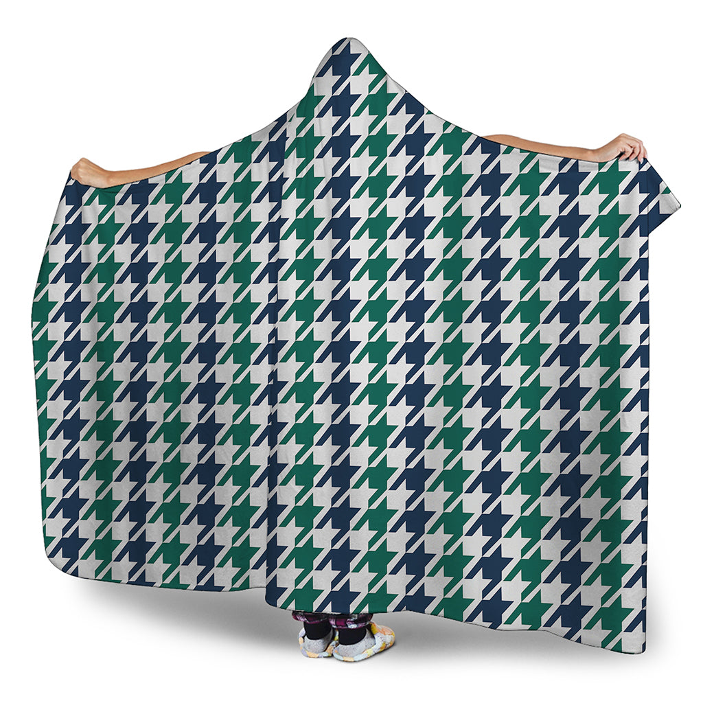 Blue Green And White Houndstooth Print Hooded Blanket