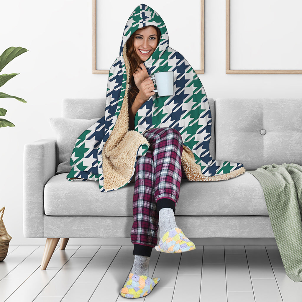 Blue Green And White Houndstooth Print Hooded Blanket