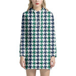 Blue Green And White Houndstooth Print Hoodie Dress