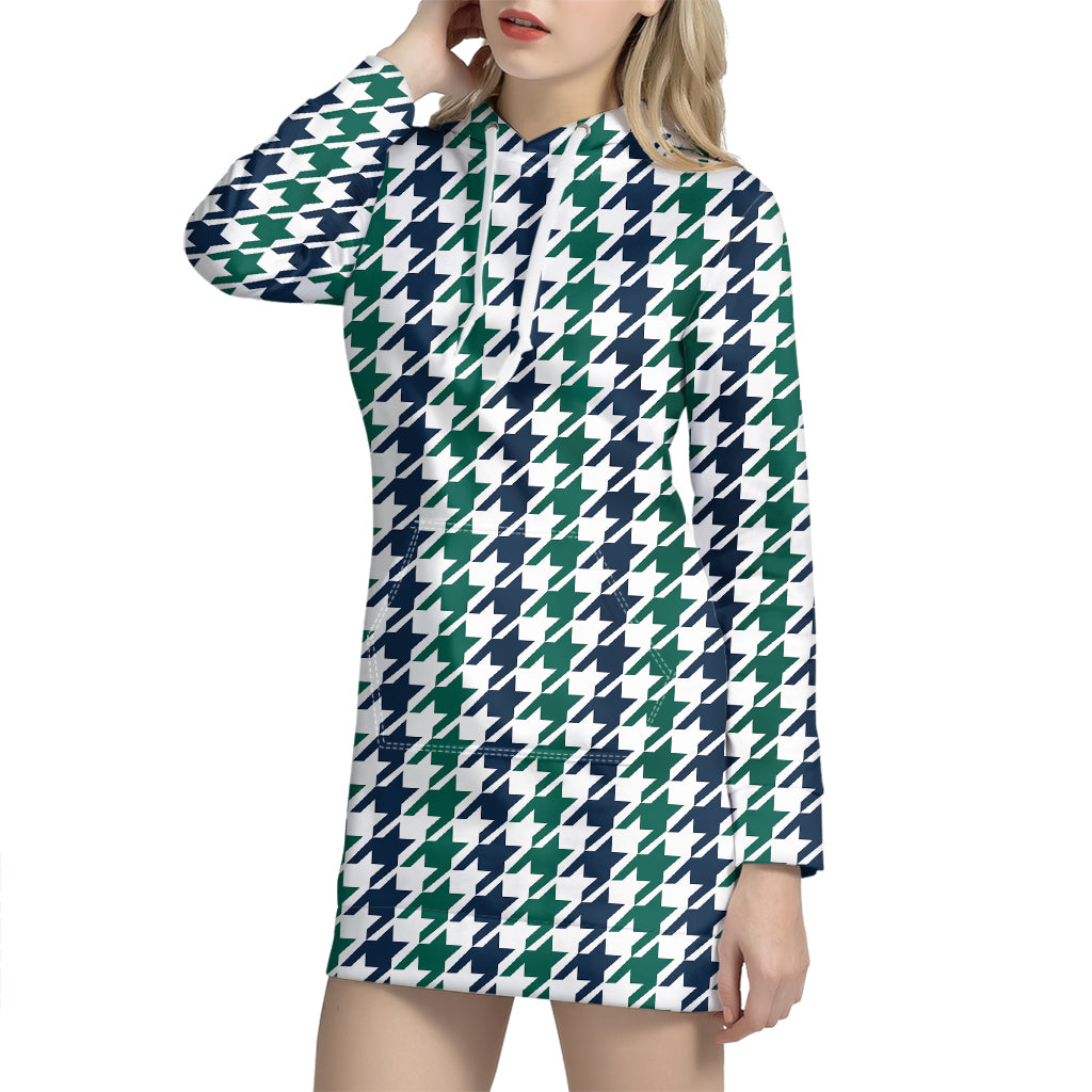 Blue Green And White Houndstooth Print Hoodie Dress