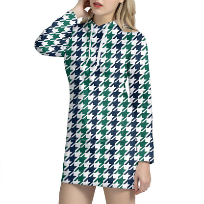 Blue Green And White Houndstooth Print Hoodie Dress