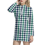 Blue Green And White Houndstooth Print Hoodie Dress