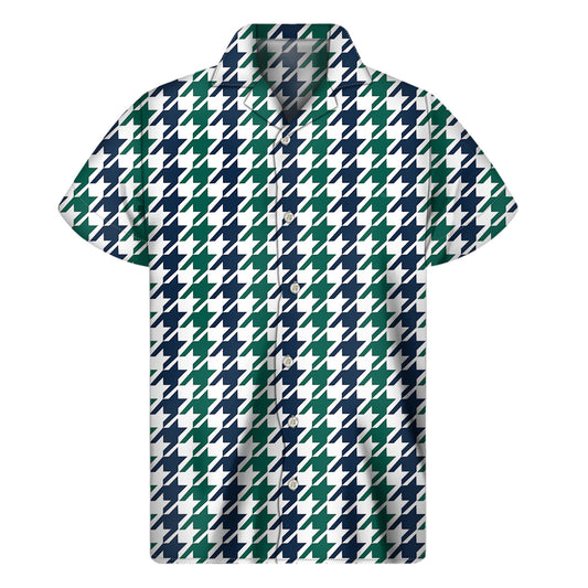 Blue Green And White Houndstooth Print Men's Short Sleeve Shirt