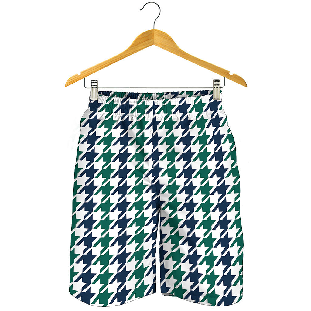 Blue Green And White Houndstooth Print Men's Shorts