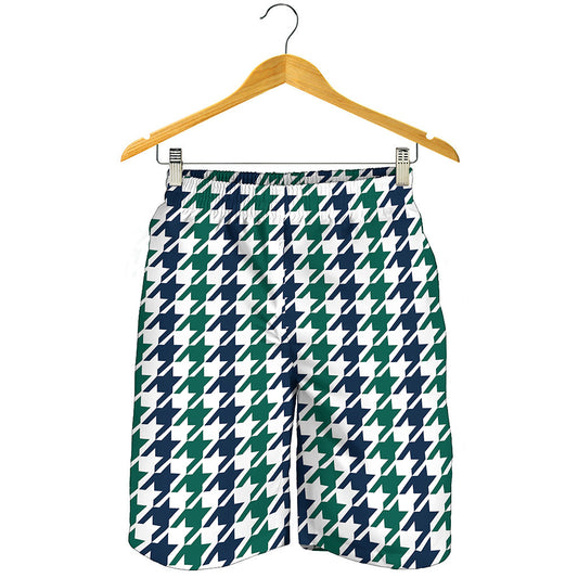 Blue Green And White Houndstooth Print Men's Shorts