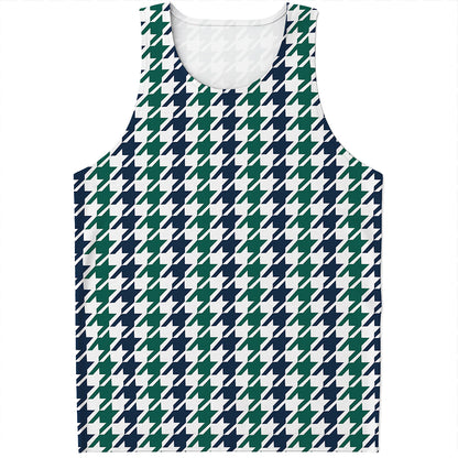 Blue Green And White Houndstooth Print Men's Tank Top