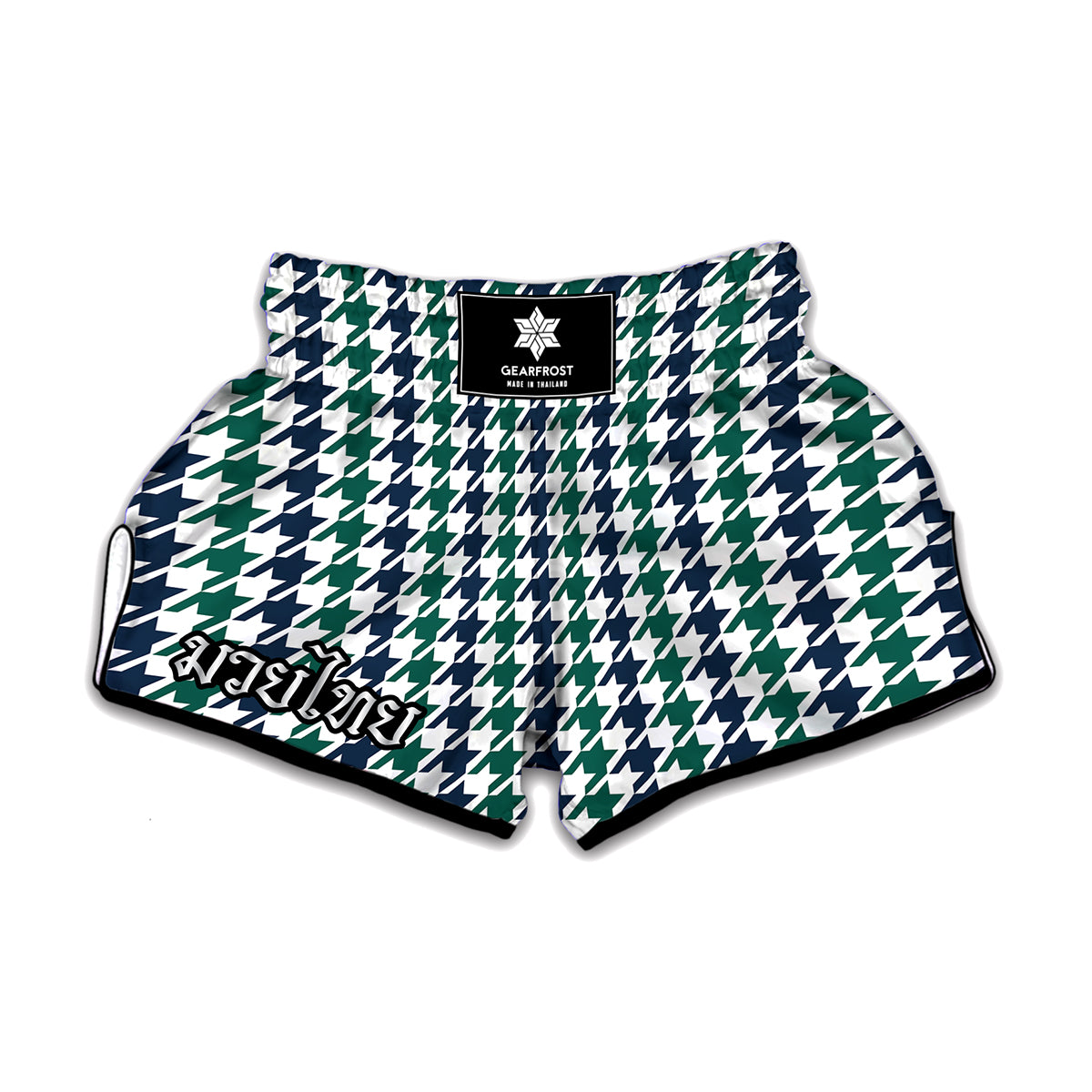 Blue Green And White Houndstooth Print Muay Thai Boxing Shorts