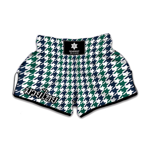 Blue Green And White Houndstooth Print Muay Thai Boxing Shorts