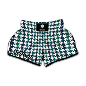 Blue Green And White Houndstooth Print Muay Thai Boxing Shorts