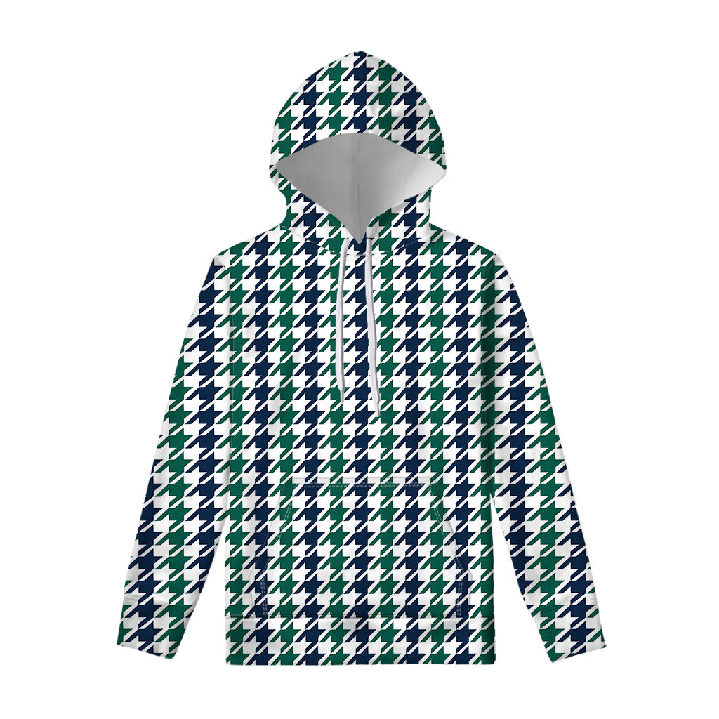 Blue Green And White Houndstooth Print Pullover Hoodie