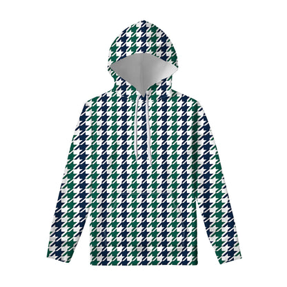 Blue Green And White Houndstooth Print Pullover Hoodie