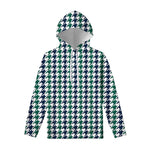 Blue Green And White Houndstooth Print Pullover Hoodie