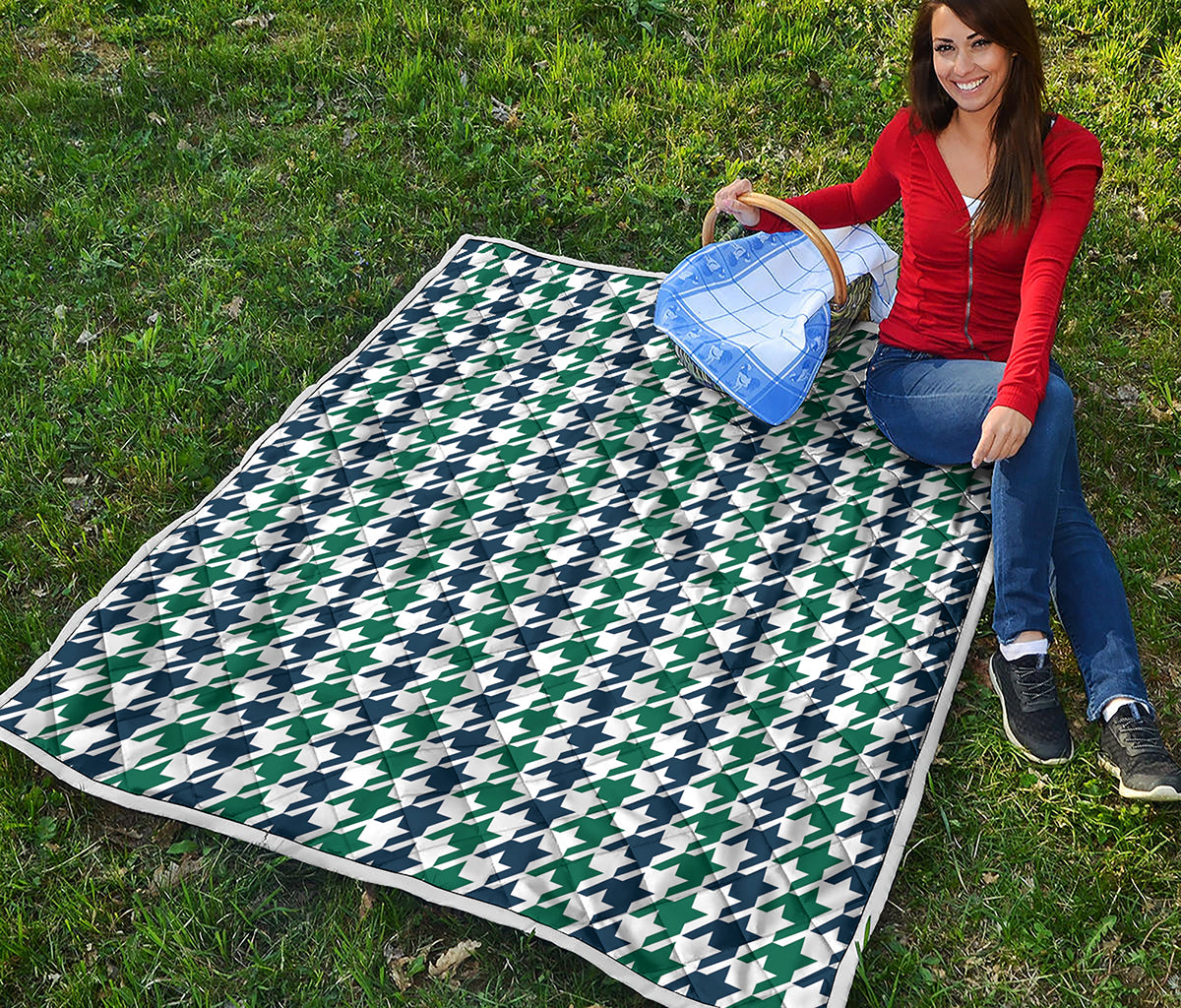 Blue Green And White Houndstooth Print Quilt