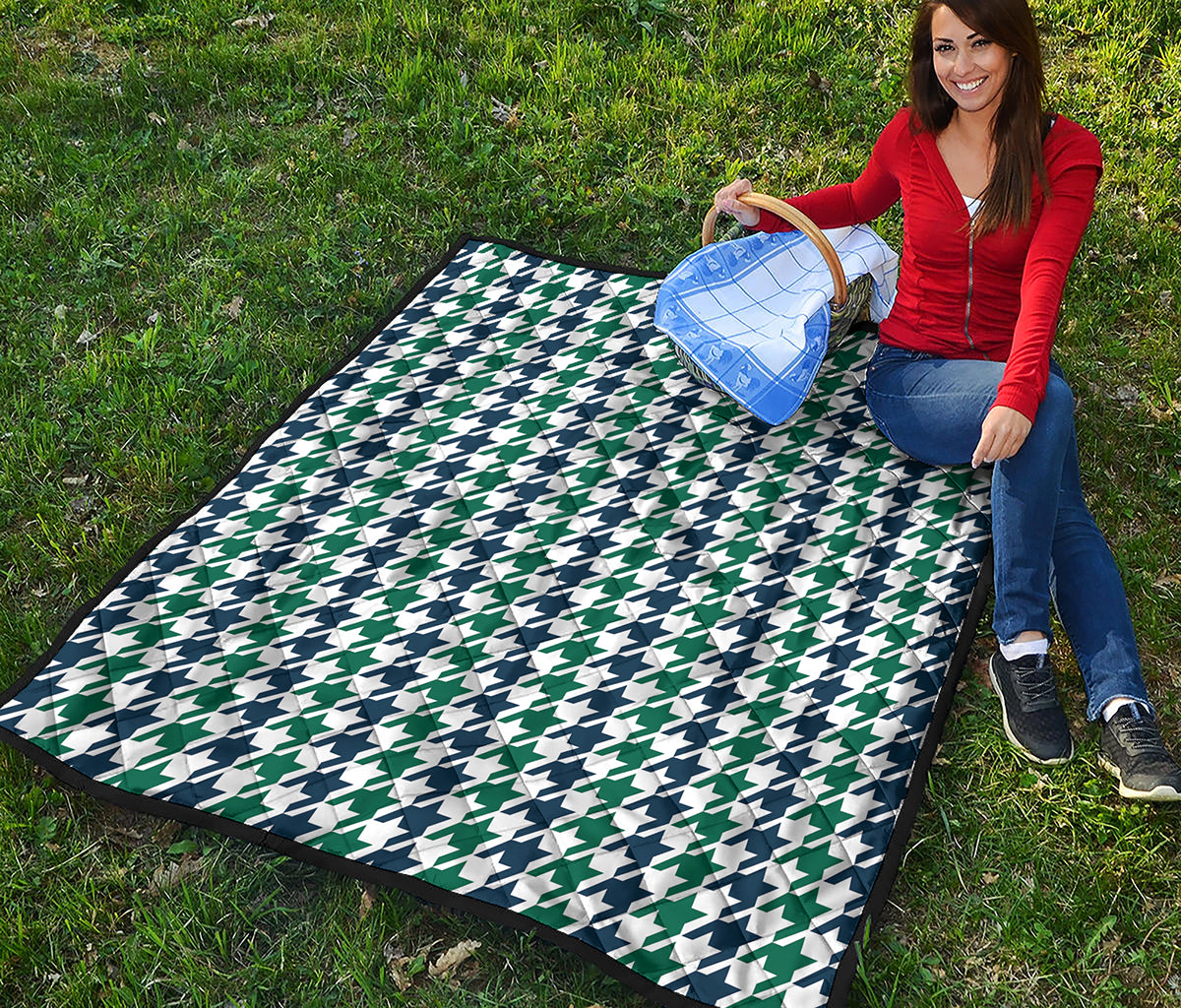 Blue Green And White Houndstooth Print Quilt